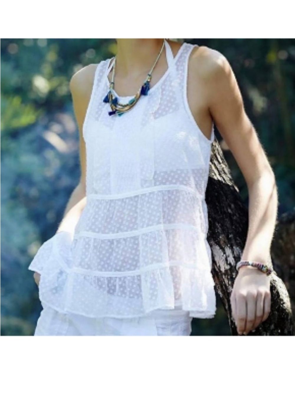 Maeve White Sleeveless Swiss Dot Ruffle Camisole
